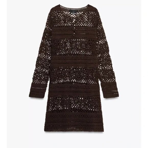 Zara Crochet Knit Long Sleeve Mini Dress NWT Brown Size Small - Picture 3 of 12